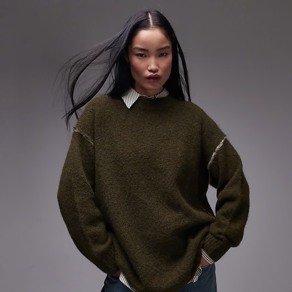 Topshop Contrast Seam Oversized Sweater in Khaki